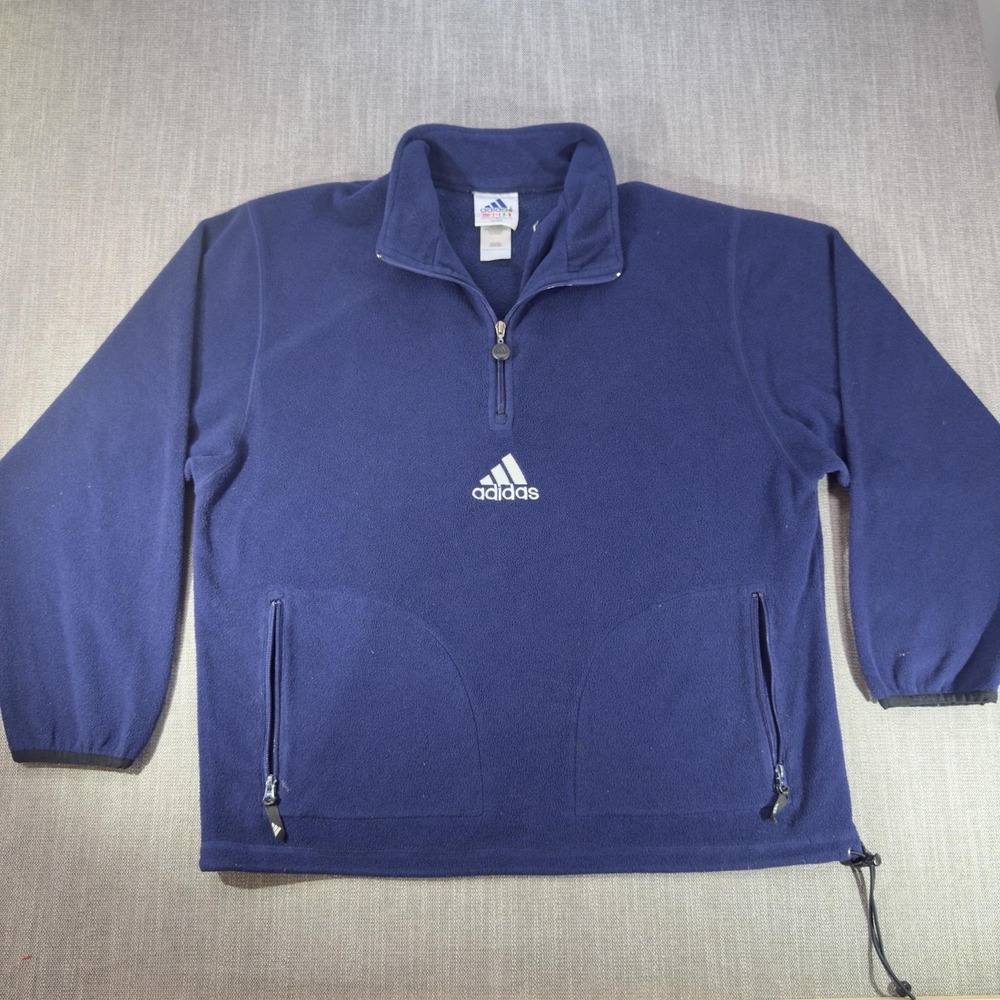 Adidas Sweatshirt Mens 2XL Blue 1/4 Zip Fleece Mock Neck Pullover Logo Pockets